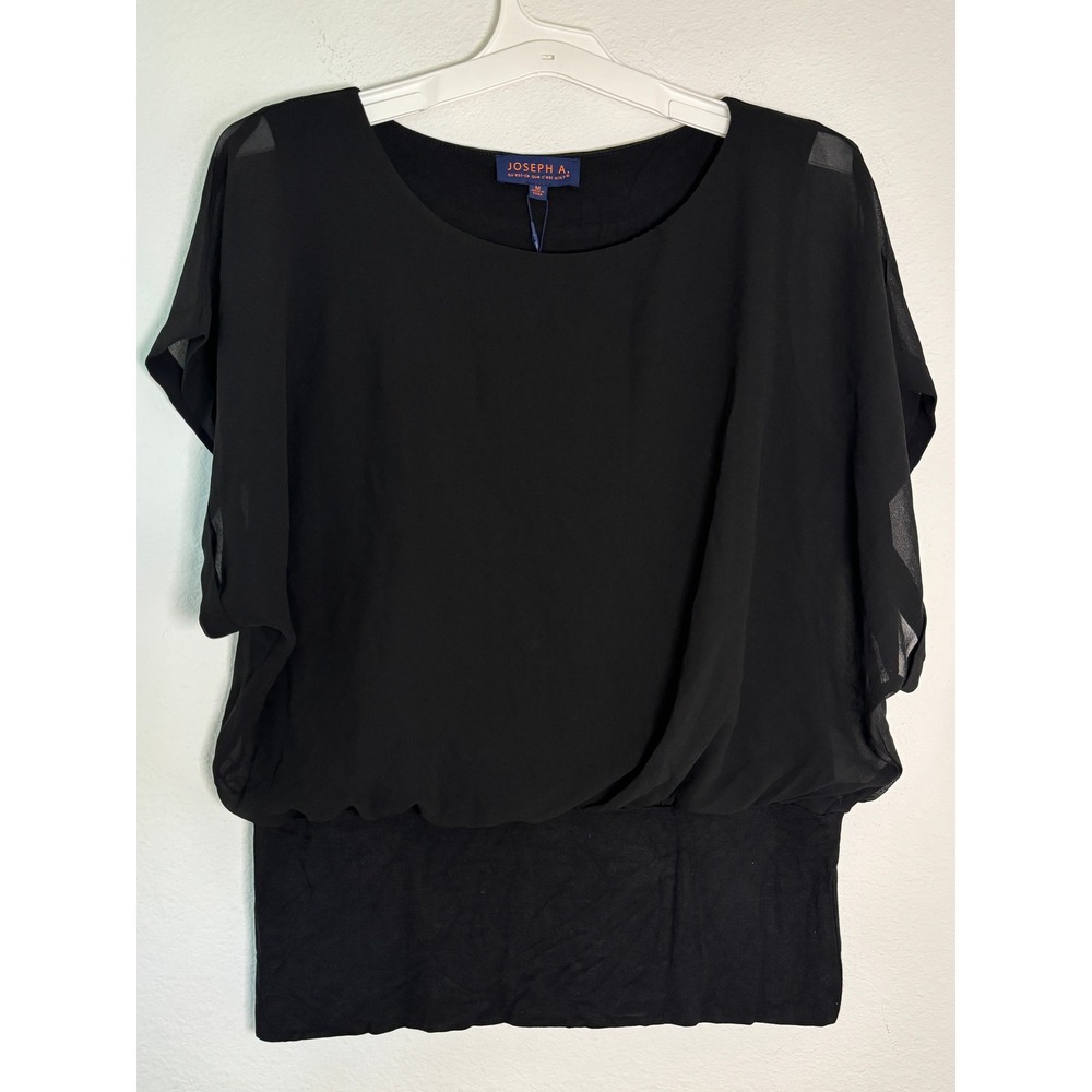 Joseph A Womens Black Sheer Flutter Sleeve Banded Hem Blouse Top Size M NWT
